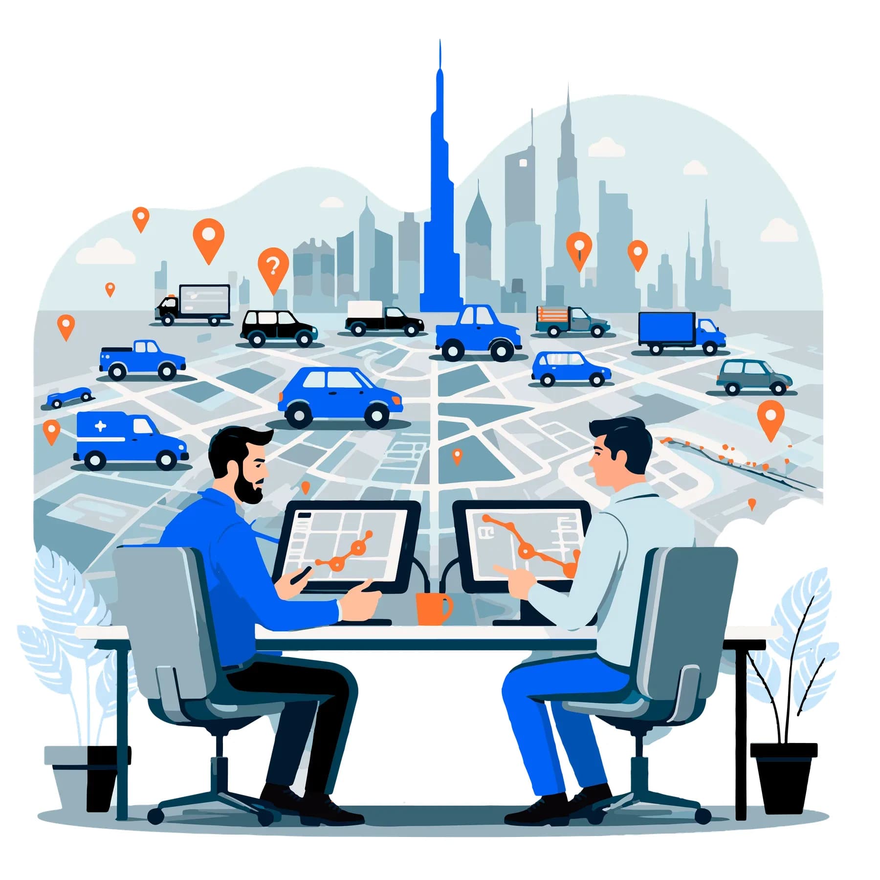 Fleet management team monitoring company vehicles across a Dubai city map