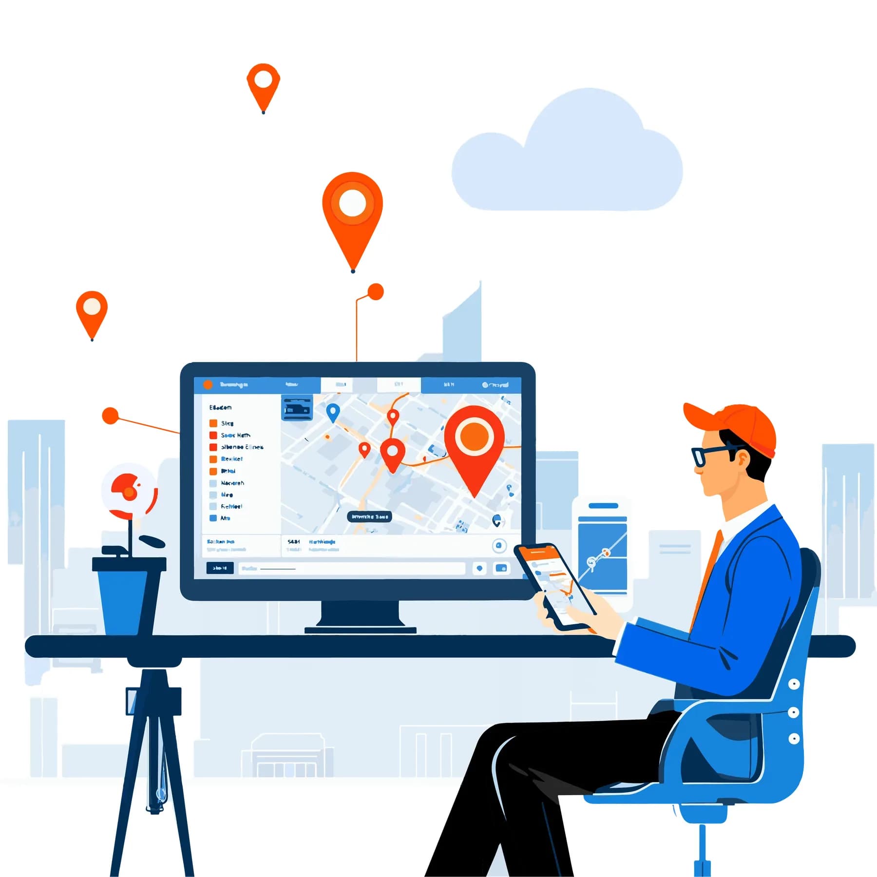 GPS tracking system dashboard on desktop and mobile showing live vehicle pins