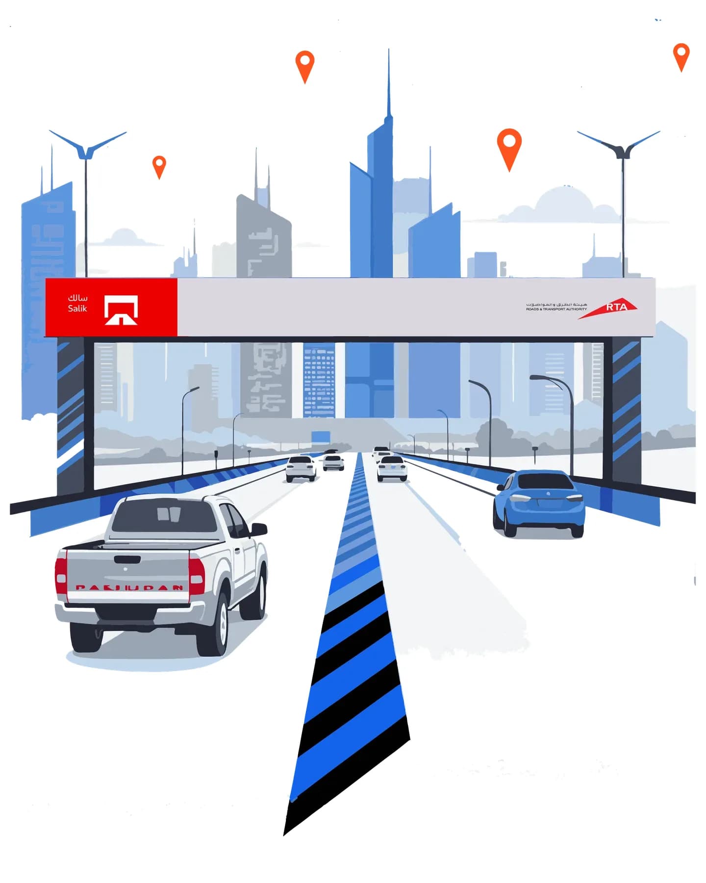 Vehicles passing under a Salik toll gate in Dubai