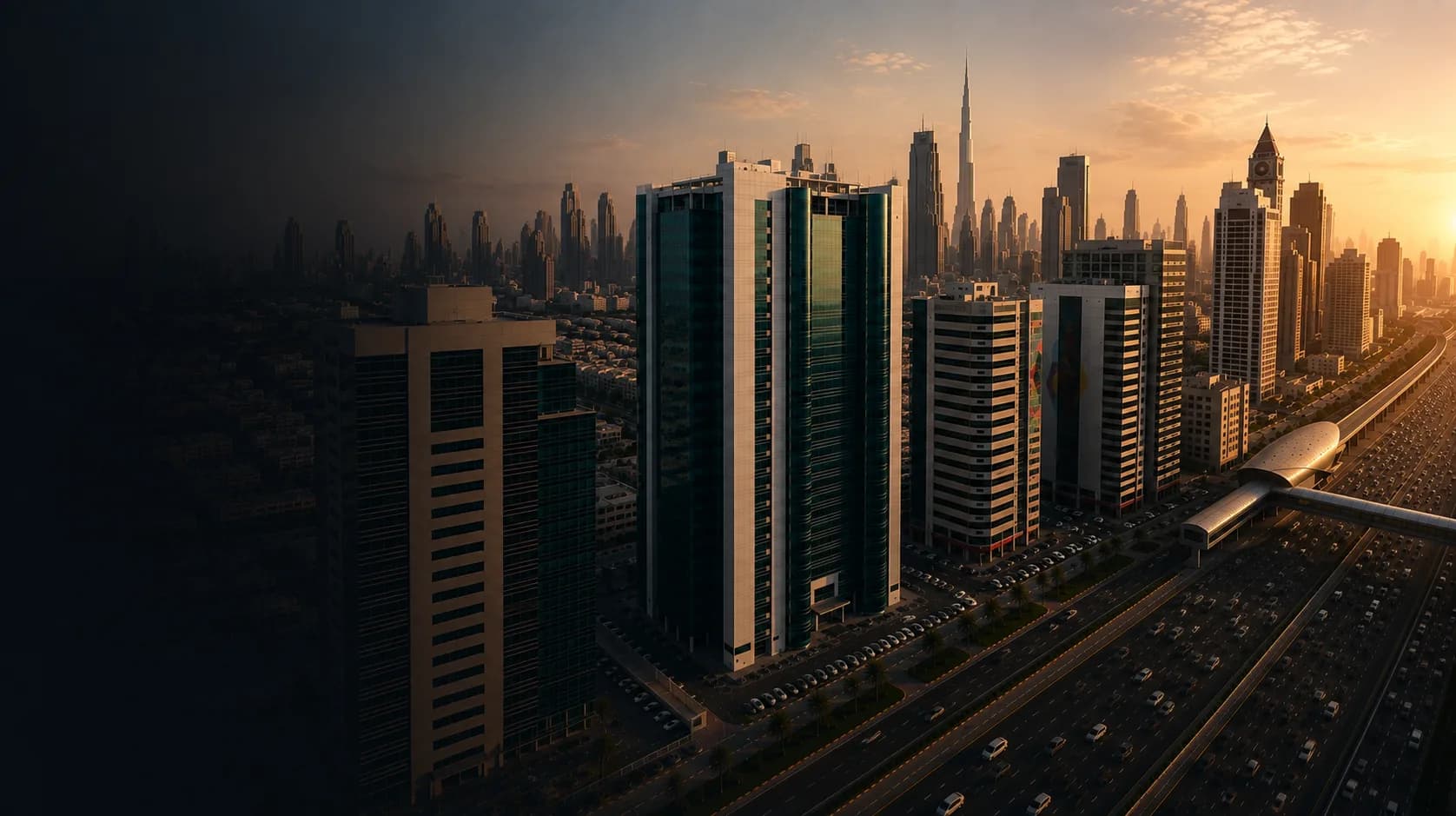 Locator Dubai — Sheikh Zayed Road and the Downtown skyline at sunset