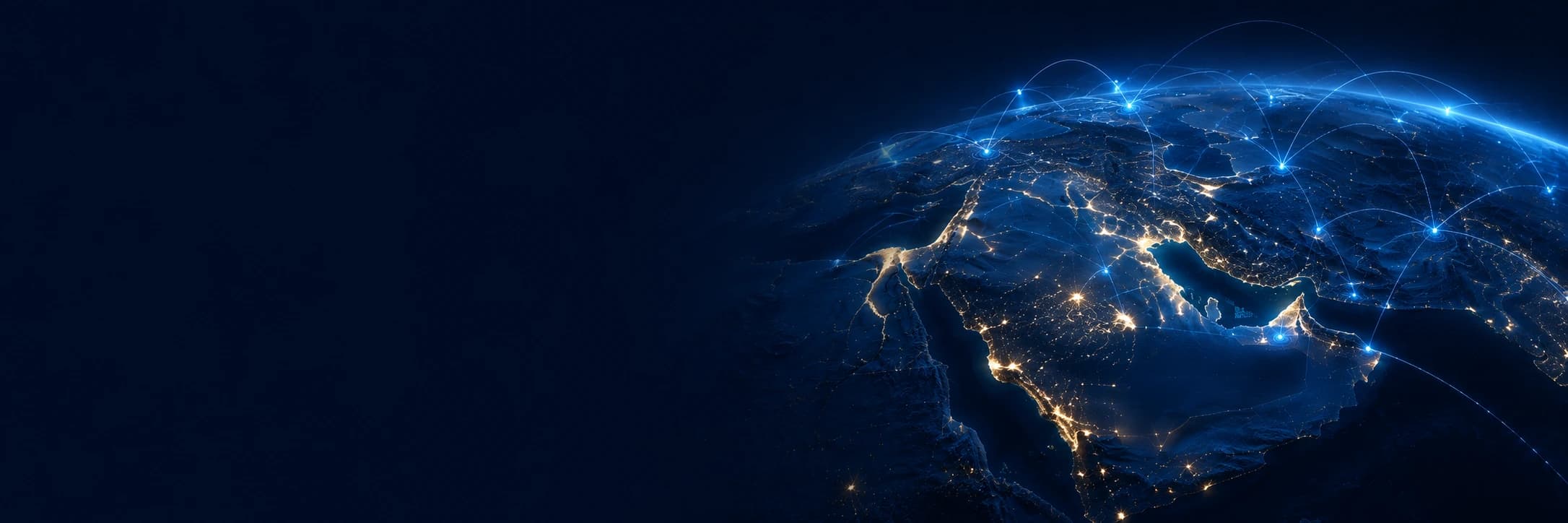 Illuminated global network map centred on the UAE and the Middle East, representing Locator's connected fleet intelligence