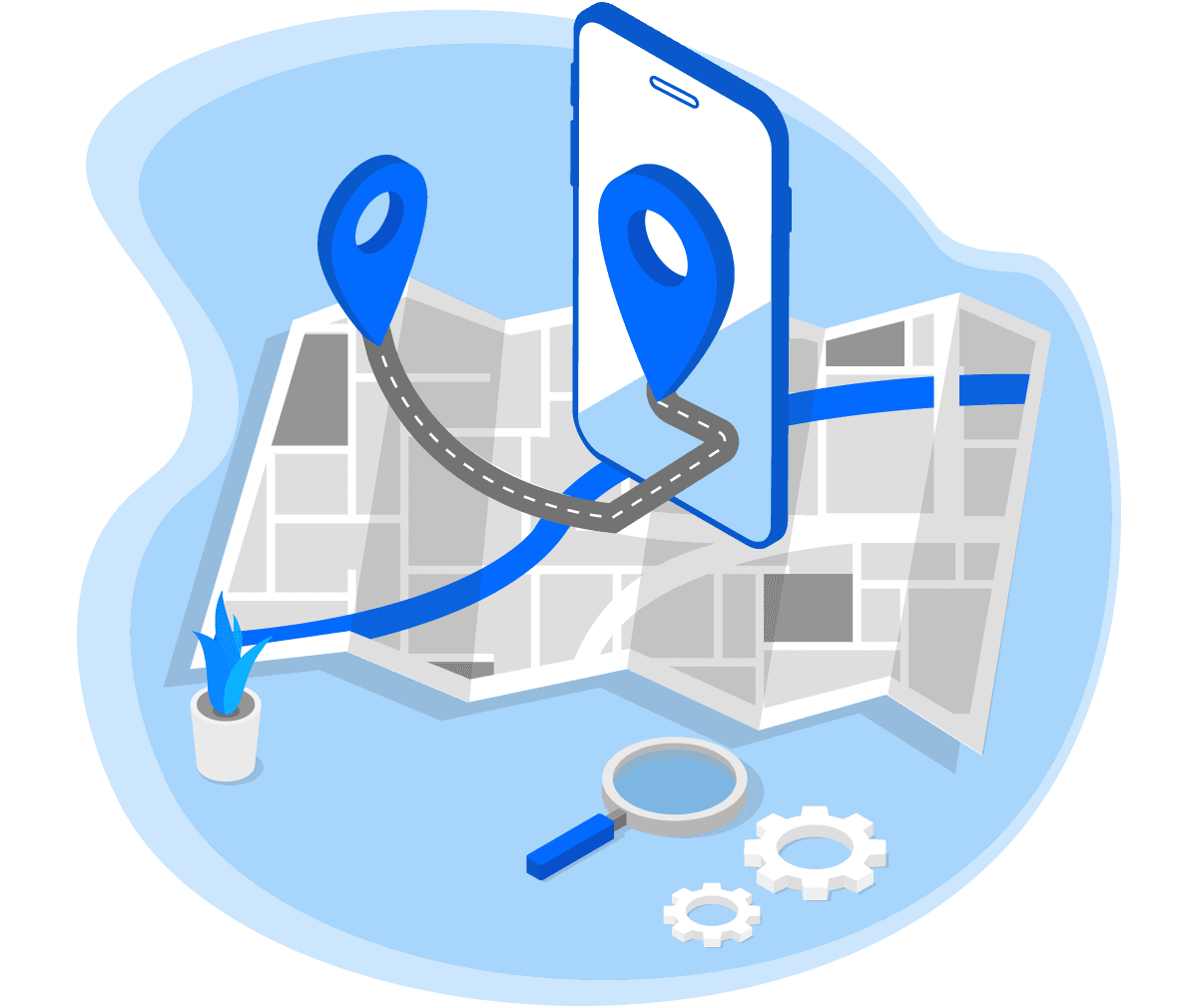 Route traced across a map with a phone dropping a live location pin