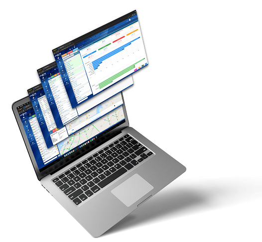LOCATOR fleet dashboard, reports, and map views fanned out of a laptop