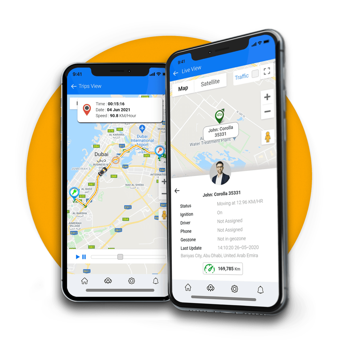 LOCATOR Car Tracker app — trips view with route playback and live view with vehicle status
