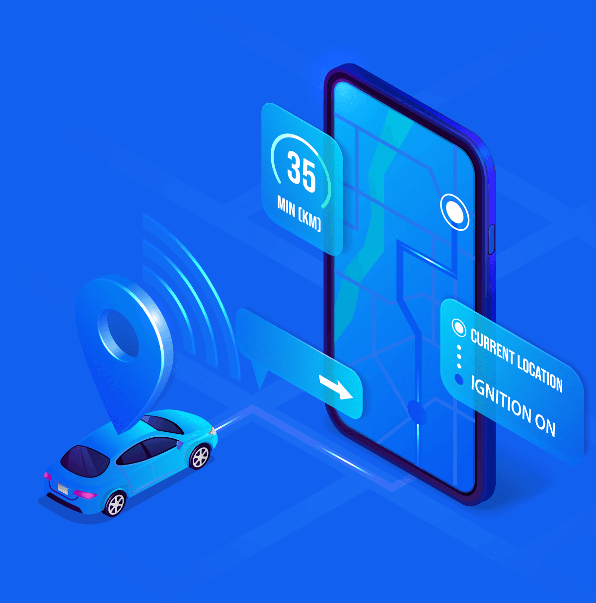 A tracked car reporting its live location, speed and ignition status to a phone map