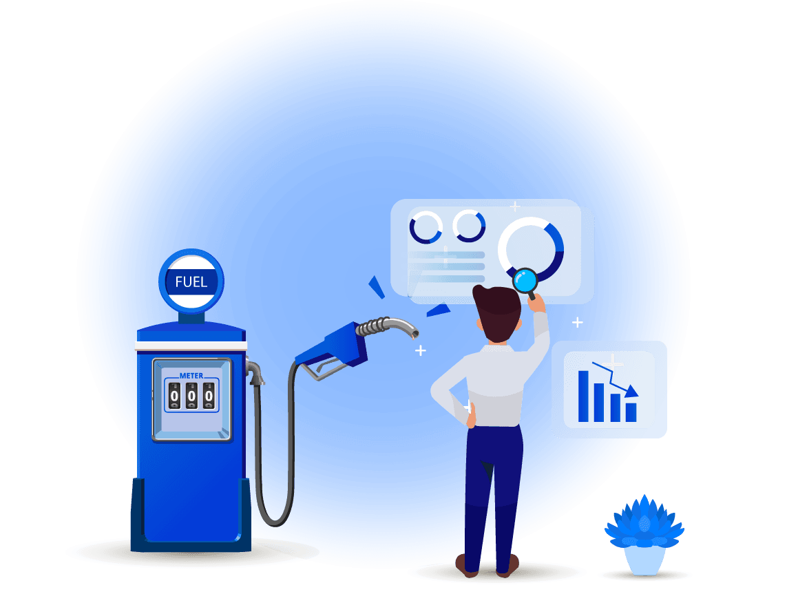 Fuel pump beside a falling cost chart, reviewed under a magnifier