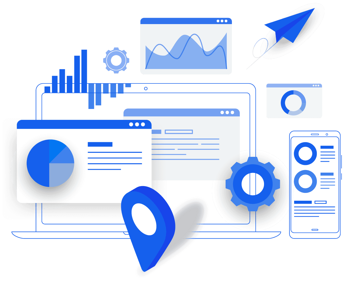 LOCATOR reports, charts and live map running across laptop and phone