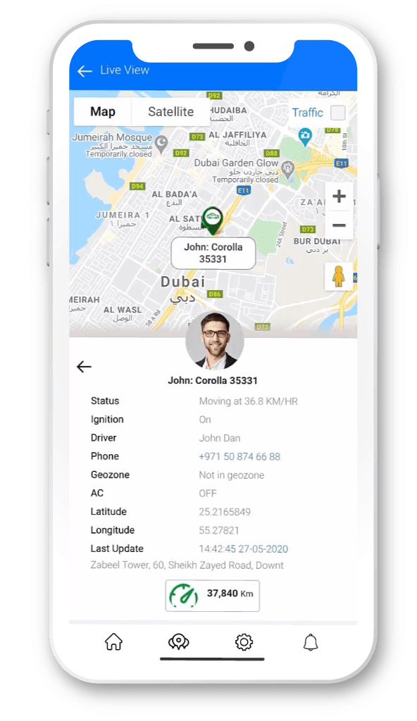 LOCATOR app live view showing vehicle status, driver, and location detail
