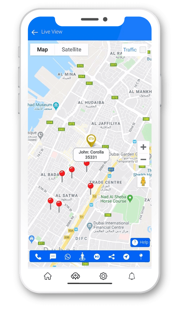 LOCATOR app map view with all tracked vehicles and points of interest