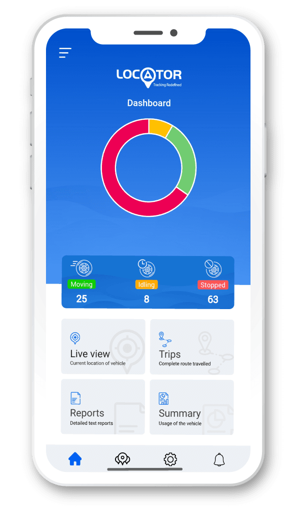 LOCATOR app dashboard — moving, idling, and stopped vehicle counts with live view, trips, reports, and summary