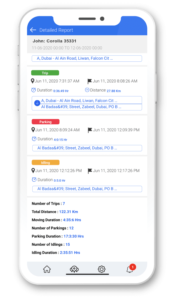 LOCATOR app detailed report — trips, parking, and idling with durations and distances