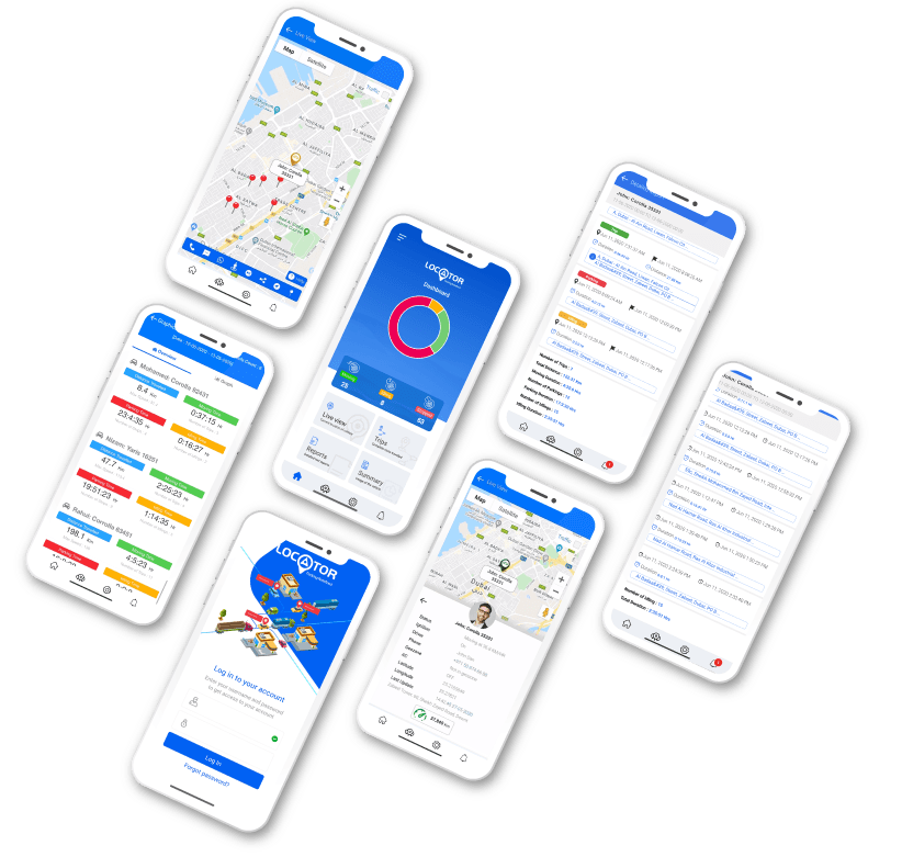 LOCATOR GPS tracking app screens — live map, dashboard, trip summaries, detailed reports, and login