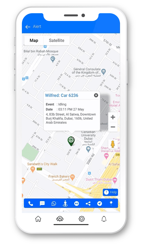 LOCATOR app idling alert pinned to the vehicle location on the map