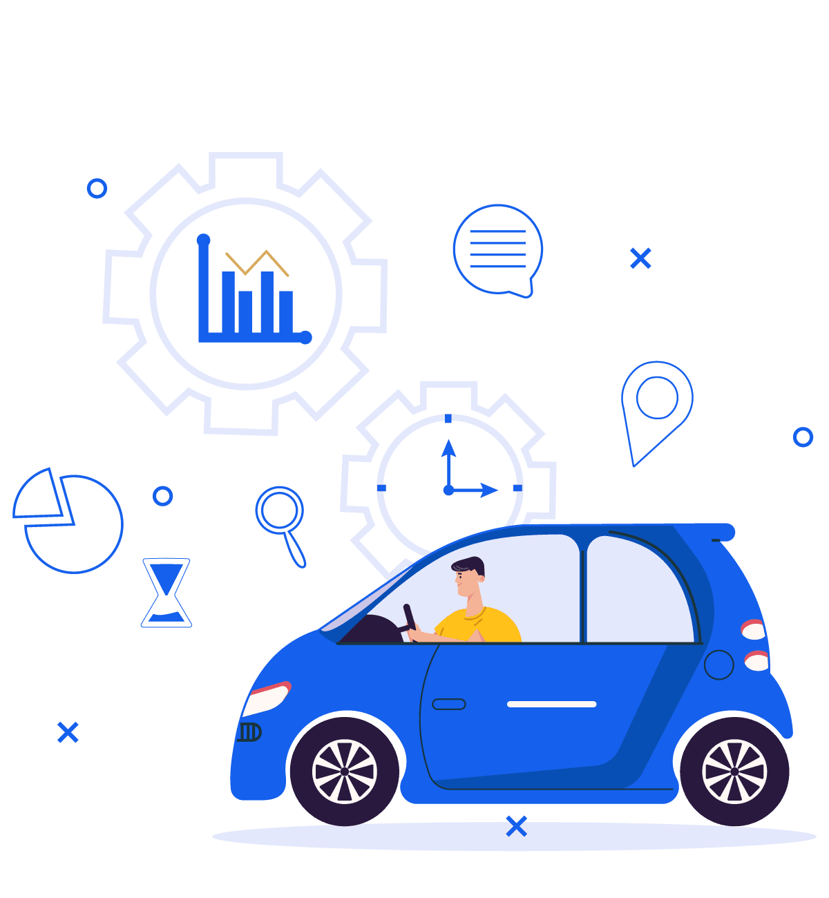 A driver at the wheel, surrounded by the reports, timings and location data a tracking system collects