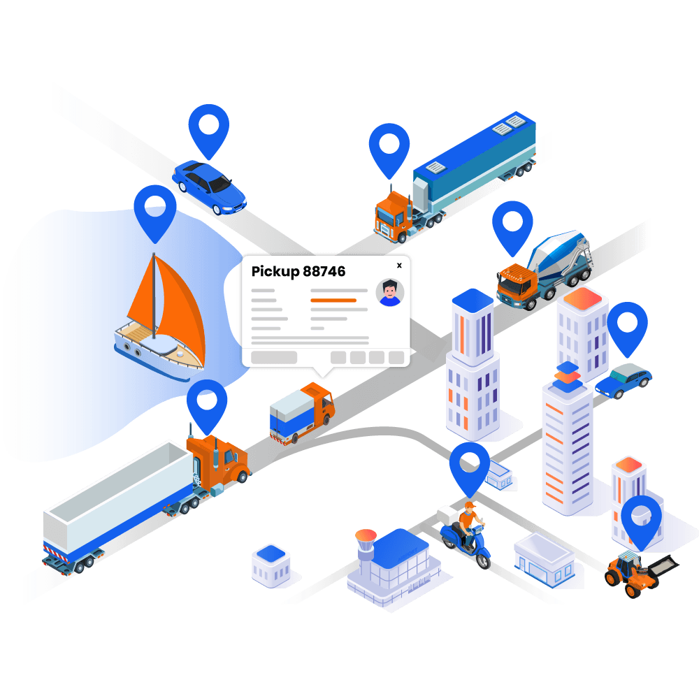 Cars, trucks, a boat, a scooter and site machinery pinned across a city on one live map
