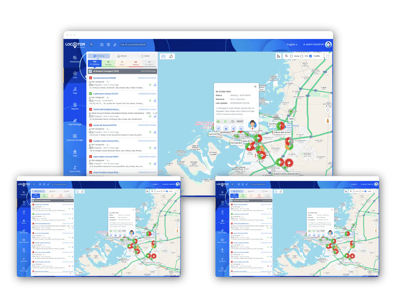 The LOCATOR platform showing live vehicle positions and customisable reports