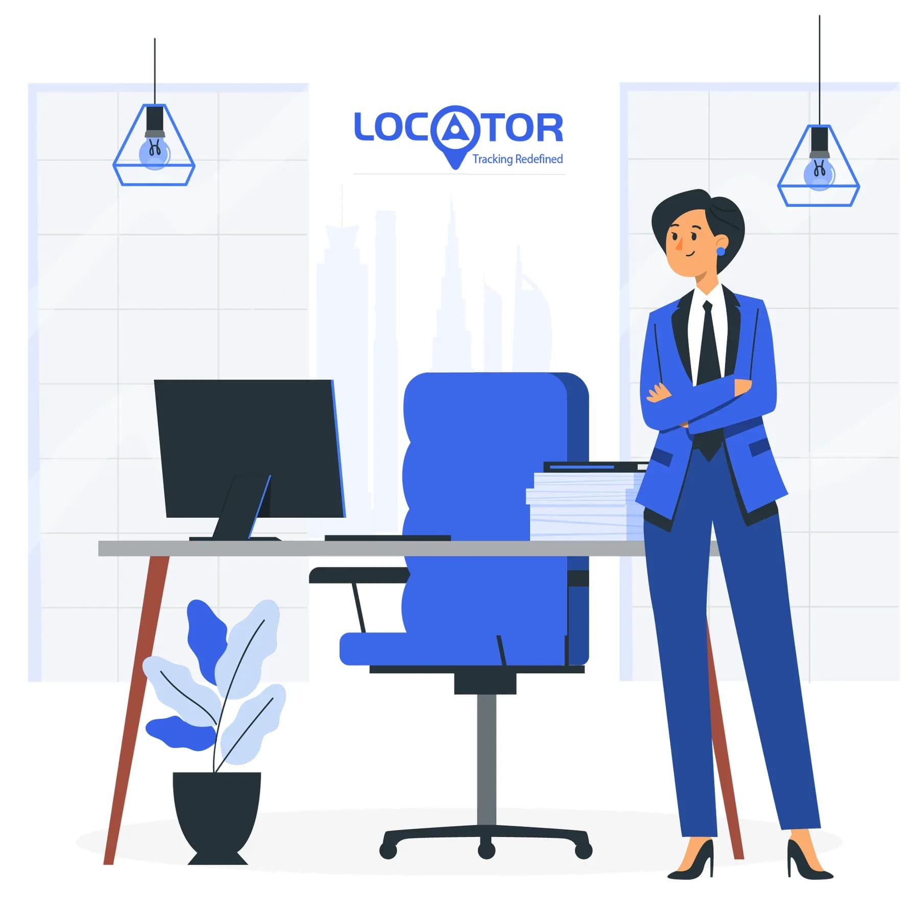 Business manager in a Dubai office beside the LOCATOR brand mark