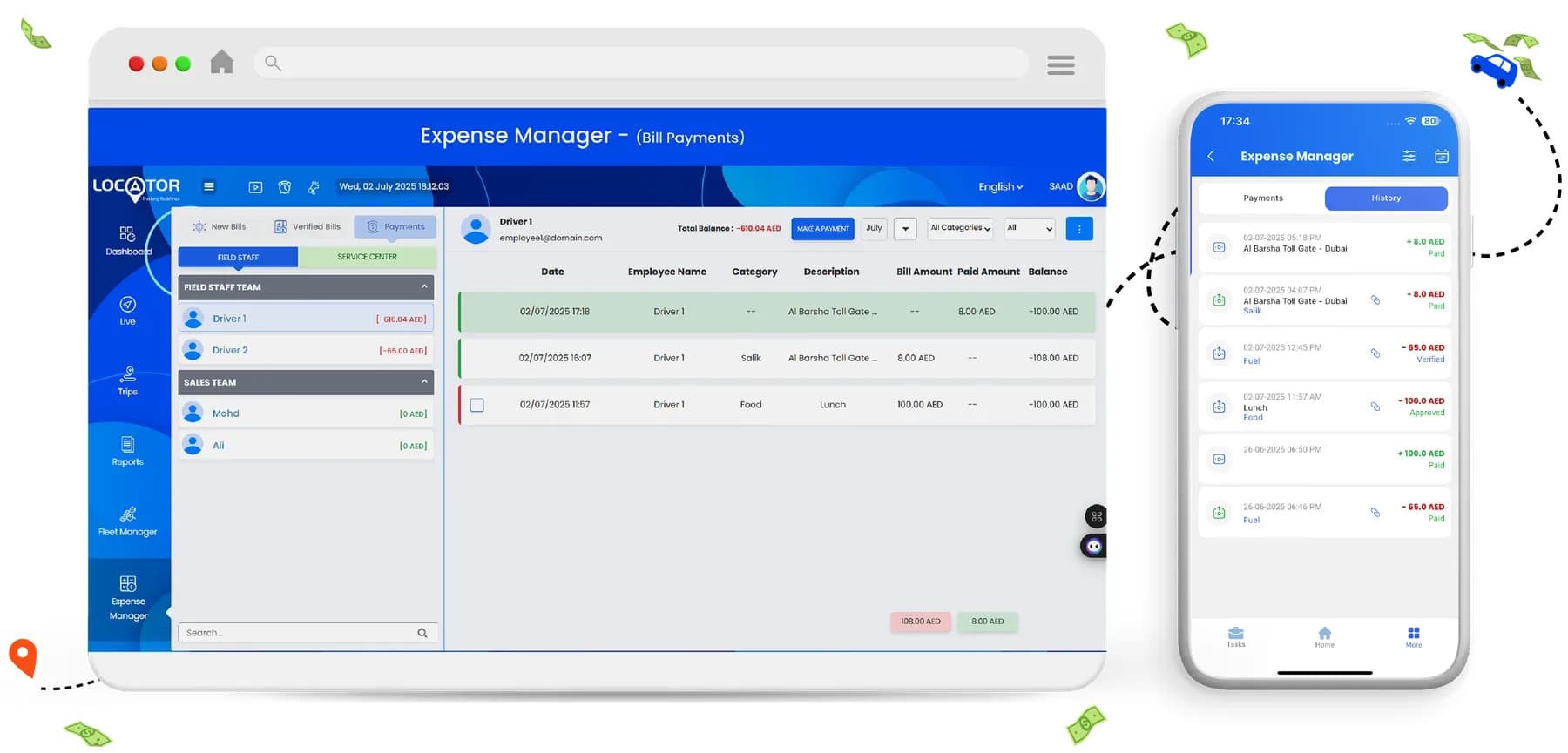 Expense Manager payment records shown on desktop and mobile