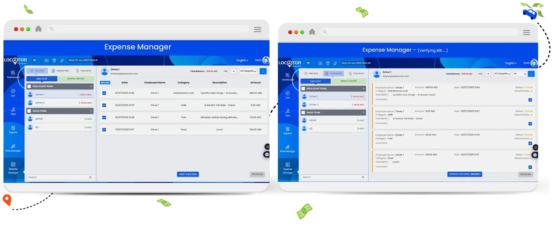 Expense Manager recording fuel, toll and maintenance costs per vehicle