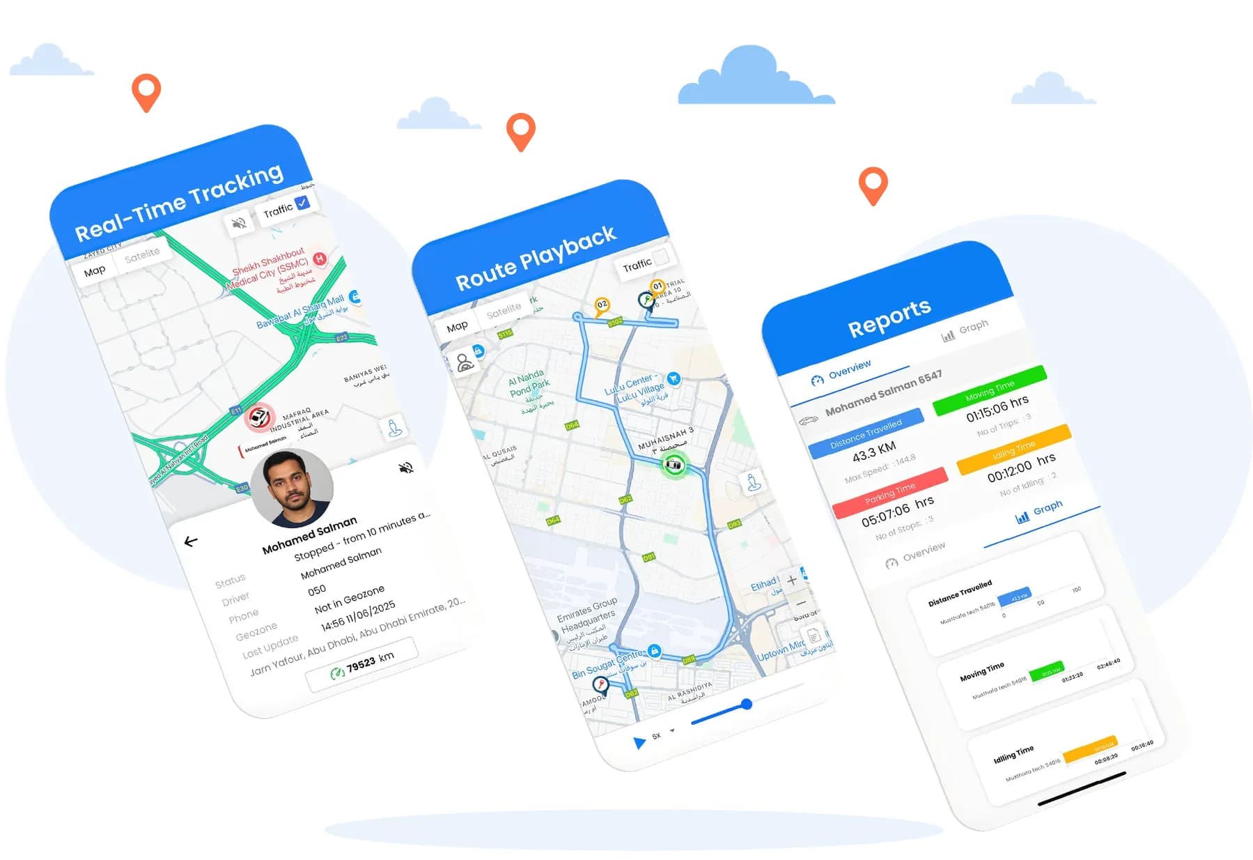 Real-time tracking, route playback and smart report screens of the LOCATOR GPS tracker