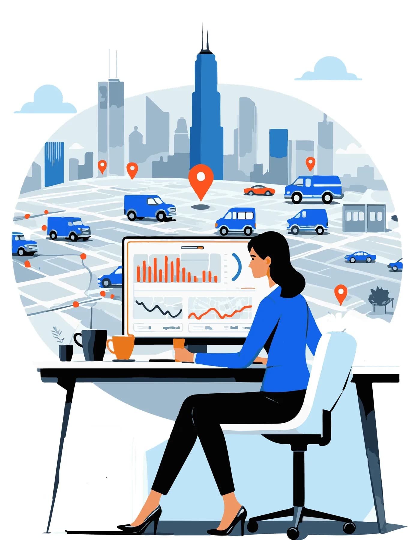 Fleet manager reviewing live vehicle tracking and analytics for a city-wide fleet