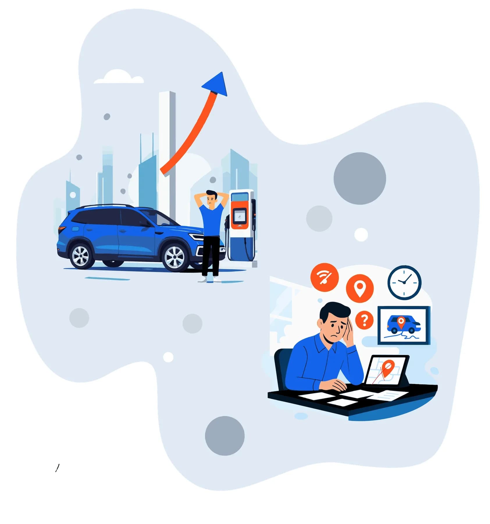Fuel costs climbing from idling and inefficient routes while a vehicle refuels