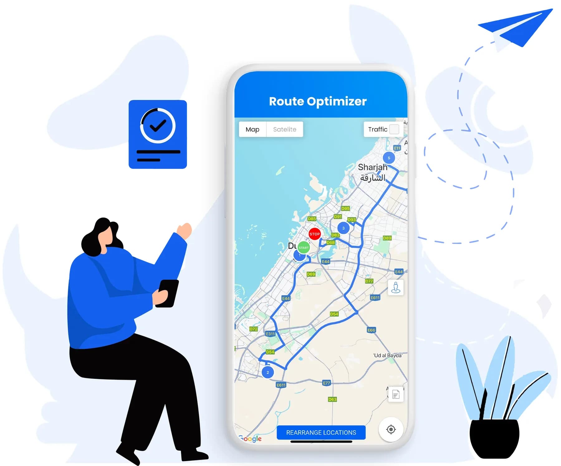 Route Optimizer planning the most efficient multi-stop route across Dubai and Sharjah