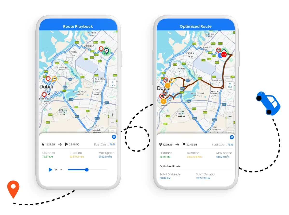 Route playback and optimised route shown side by side in the LOCATOR app