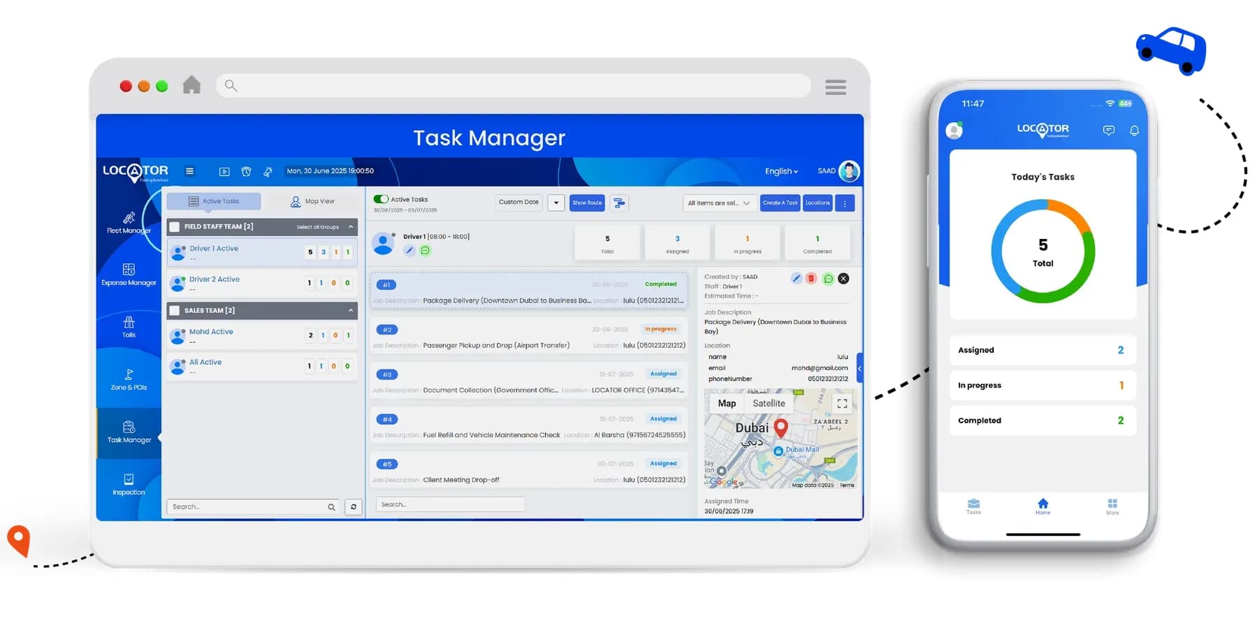 Task Manager inside the GPS tracking dashboard, on desktop and on mobile